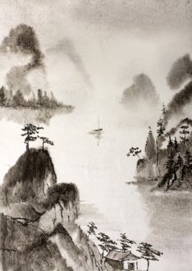 Puslu dağlar ve bir nehir ve bir kulübe kaya