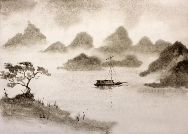 Puslu dağlar ve balıkçı teknesi