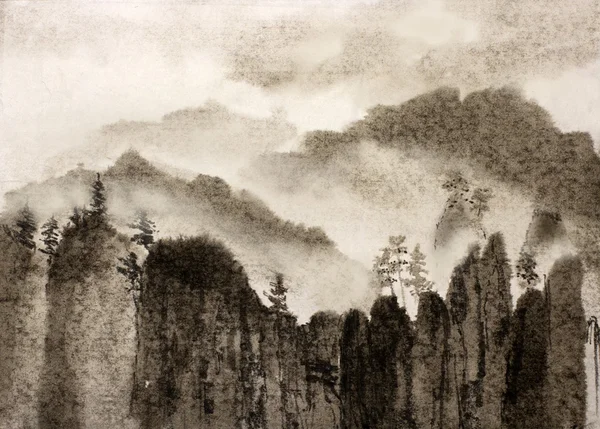 Peinture chinoise falaises sombres et brouillard — Photo