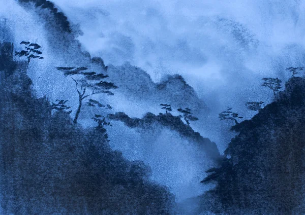 Niebla azul y montañas — Foto de Stock