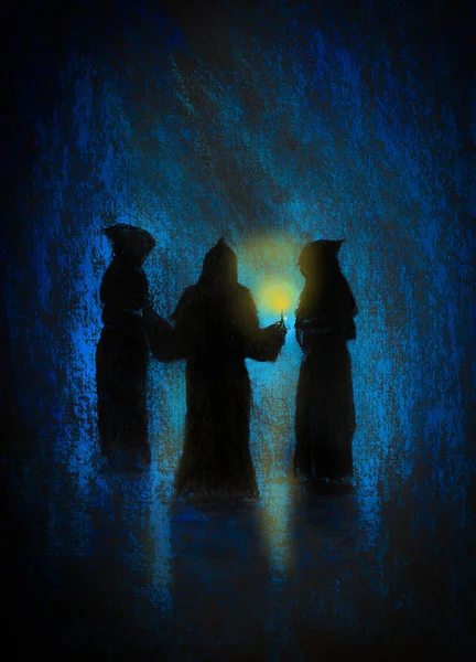 Três monges com uma vela — Fotografia de Stock
