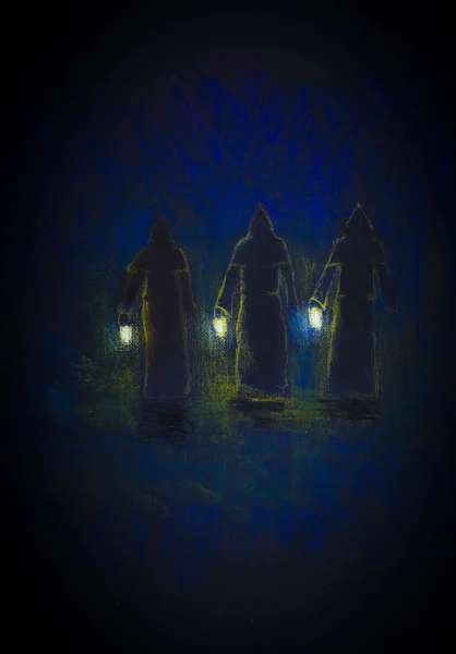 Drei Mönche mit Lampen — Stockfoto