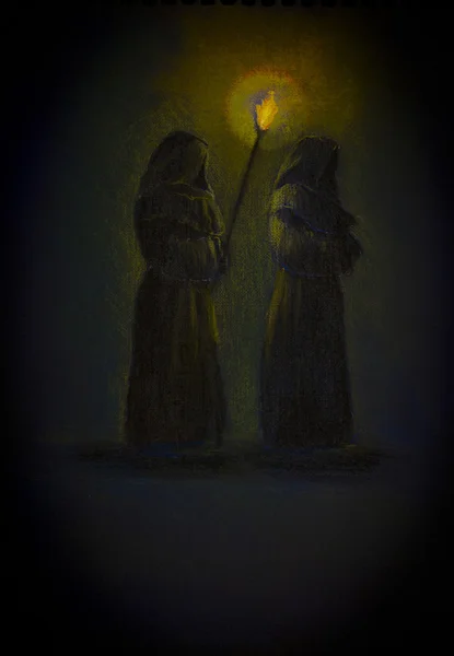 Dva mniši s pochodní — Stock fotografie