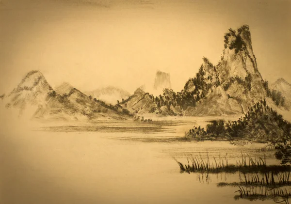 Medeltida kinesisk målning berg och moln — Stockfoto