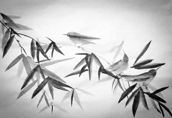 Bamboe en drie birdies tak — Stockfoto