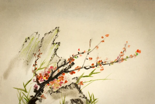 mountains and a branch of plum