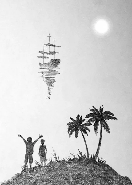Due ragazzi su un'isola con palme — Foto Stock