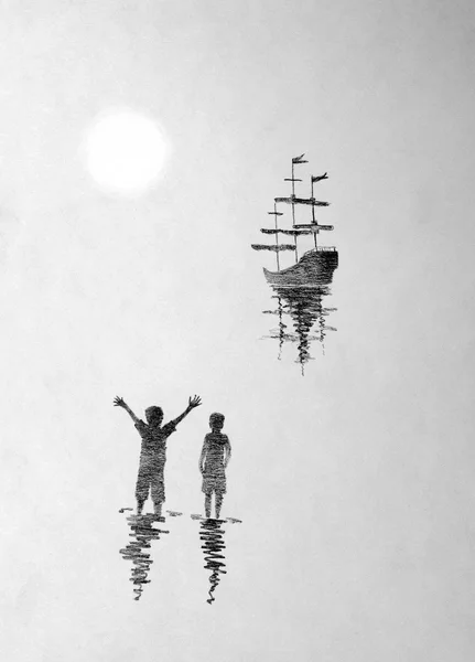 Dois rapazes e um navio — Fotografia de Stock