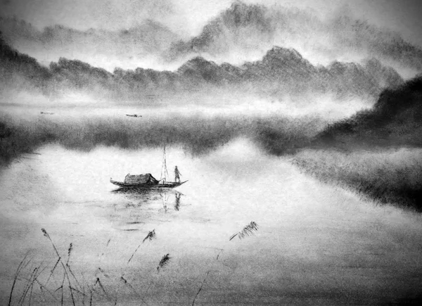 Китайський рибалка на човні — стокове фото