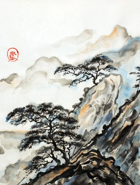 浅色背景上的高山和松树 — 图库照片