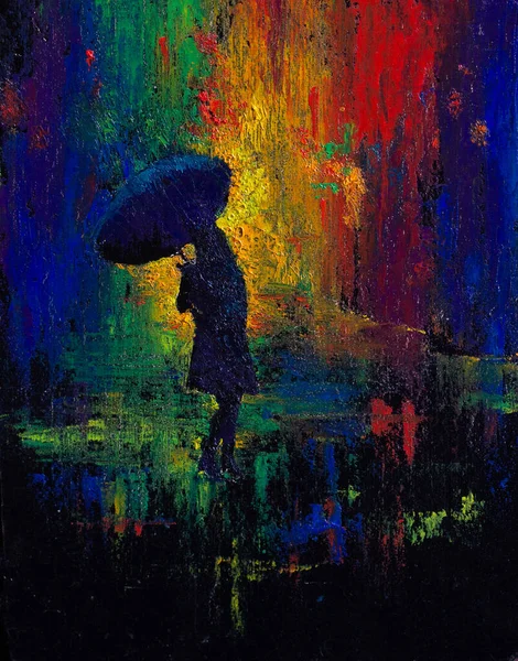 Eenzaam Meisje Onder Regen Nacht Stad — Stockfoto