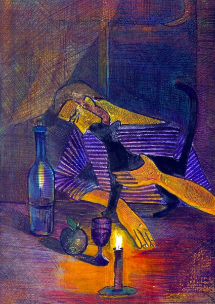 Dibujo de un hombre con un gato — Foto de Stock