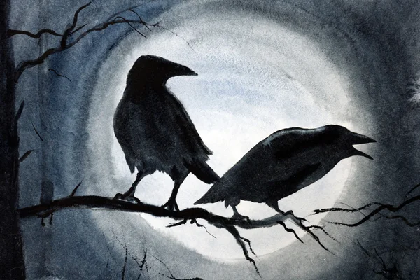 Två svarta kråkor på en gren — Stockfoto