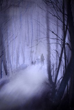 People in the forest in the fog clipart