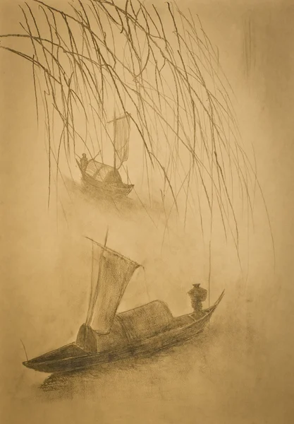Chiński rybaków w łodzi — Zdjęcie stockowe