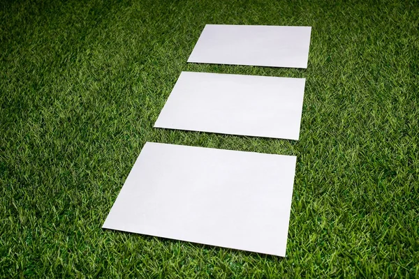 Tři bílé listy papíru ležící na trávě — Stock fotografie