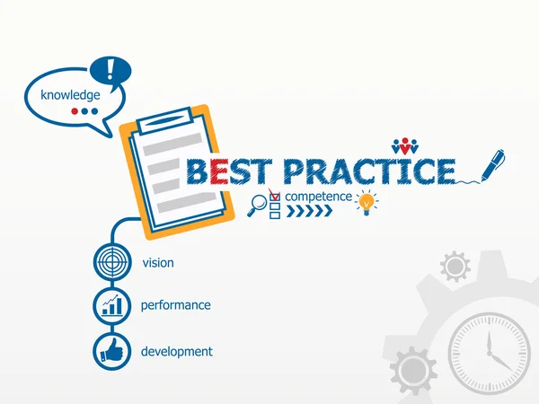 Best Practice Konzept und Notizbuch für Effizienz, Kreativität, — Stockvektor