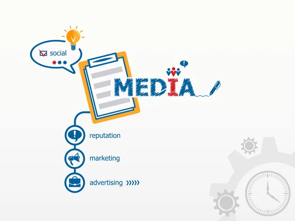 Concept de conception de médias et carnet pour l'efficacité, la créativité, dans — Image vectorielle