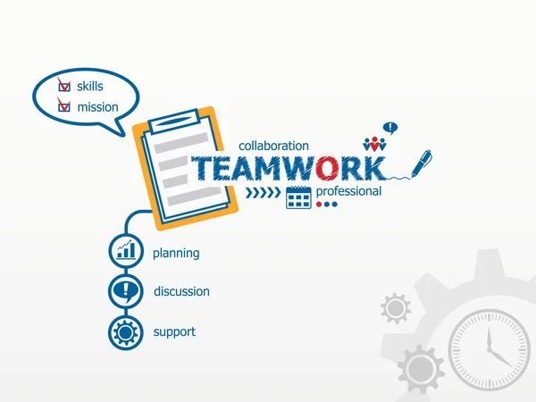 Teamwork koncept och anteckningsboken för effektivitet, kreativitet, intell — Stock vektor