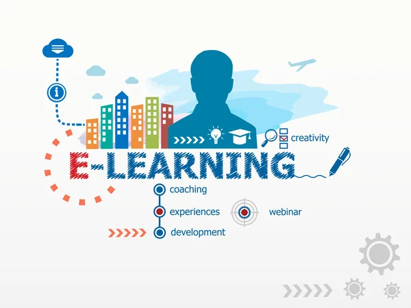 Online e-Learning koncept och Business man. — Stock vektor