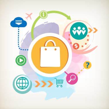 Alışveriş çantası ve soyut renkli sulu boya adam bulut