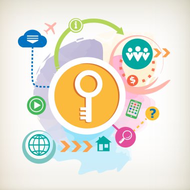 Anahtar ve soyut renkli sulu boya arka plan üstünde hareket eden telefon 