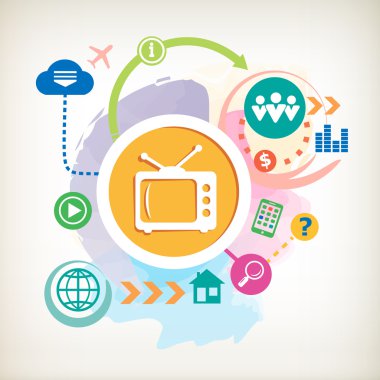  Retro tv ve soyut renkli sulu boya arka plan bulut