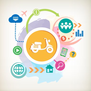 Scooter ve ve soyut renkli sulu boya arka plan bulut