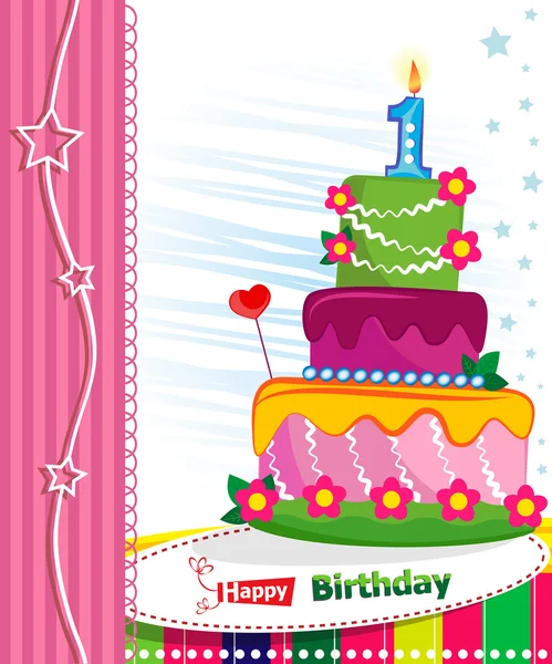 First Birthday Cake. Children postcard. Day of birth. — Stock Vector