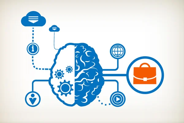 Mala de couro de negócios e cérebro humano abstrato — Vetor de Stock