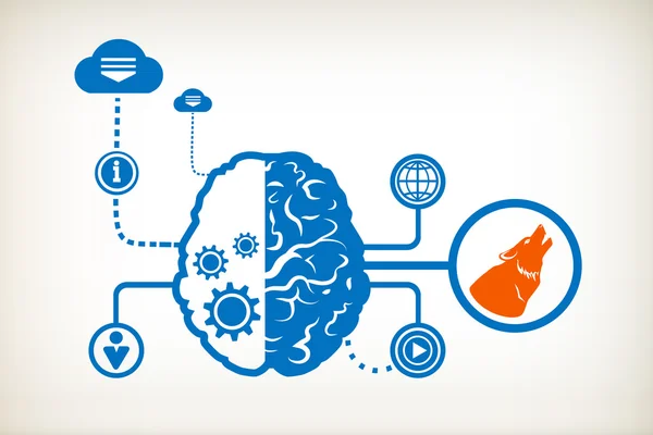 Un lupo e un cervello umano astratto — Vettoriale Stock