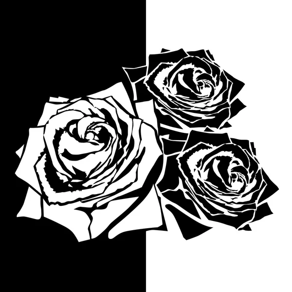 Silhouette blanche de rose aux feuilles. Fond noir — Image vectorielle