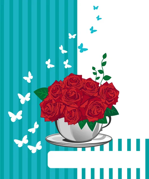 Rosa roja en una taza blanca. Diseño de tarjeta de cumpleaños feliz — Archivo Imágenes Vectoriales