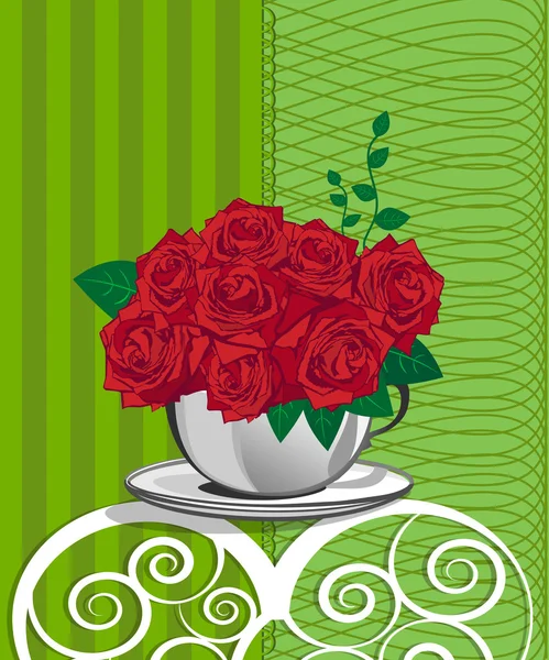 Red rose in a white cup. Happy birthday card design — Stock Vector