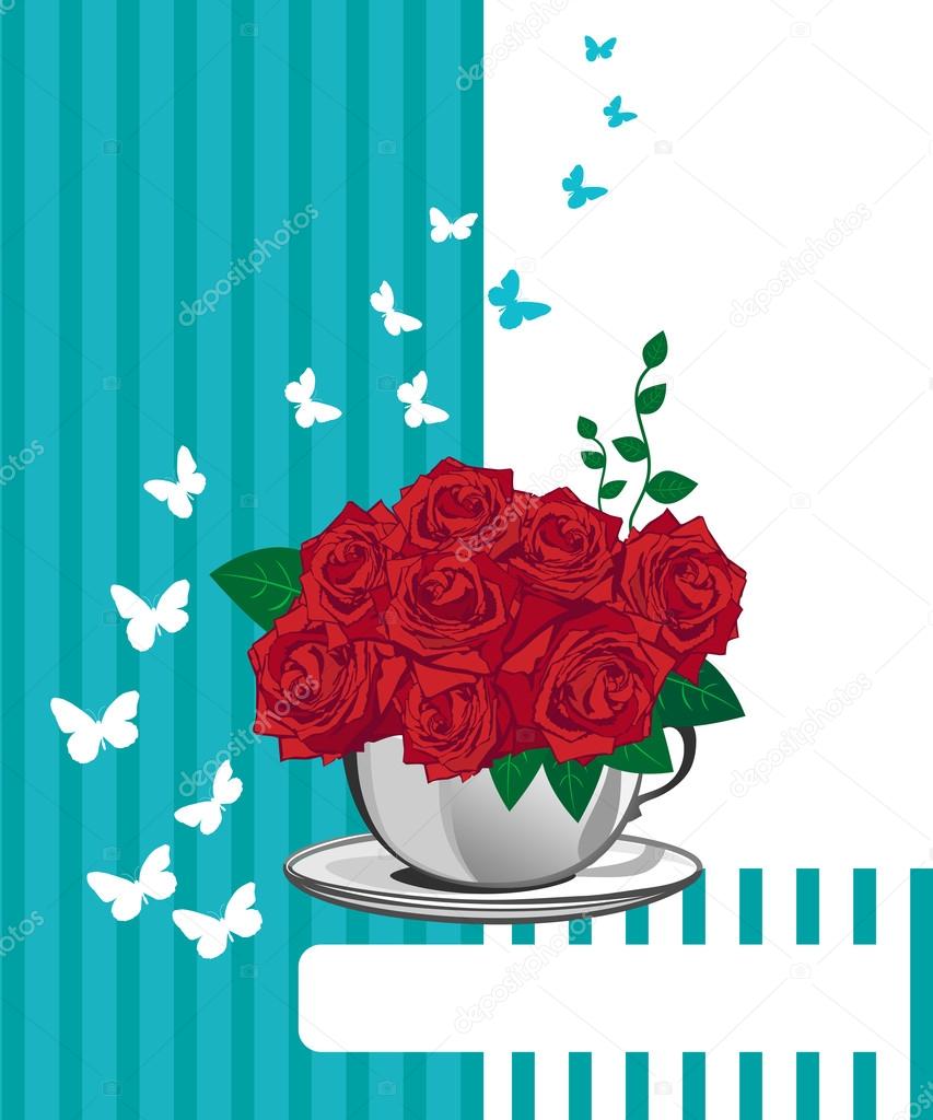 Red rose in a white cup. Happy birthday card design