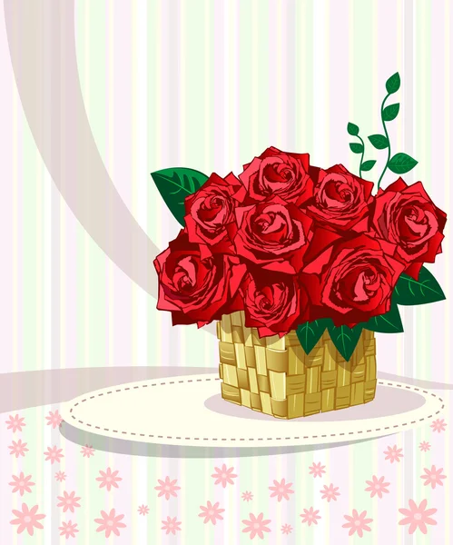 Bruiloft kaart. ringen en rieten mand met rozen. — Stockvector