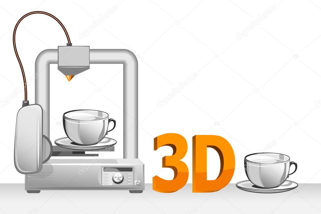 3d printer and white cup. Vector illustration