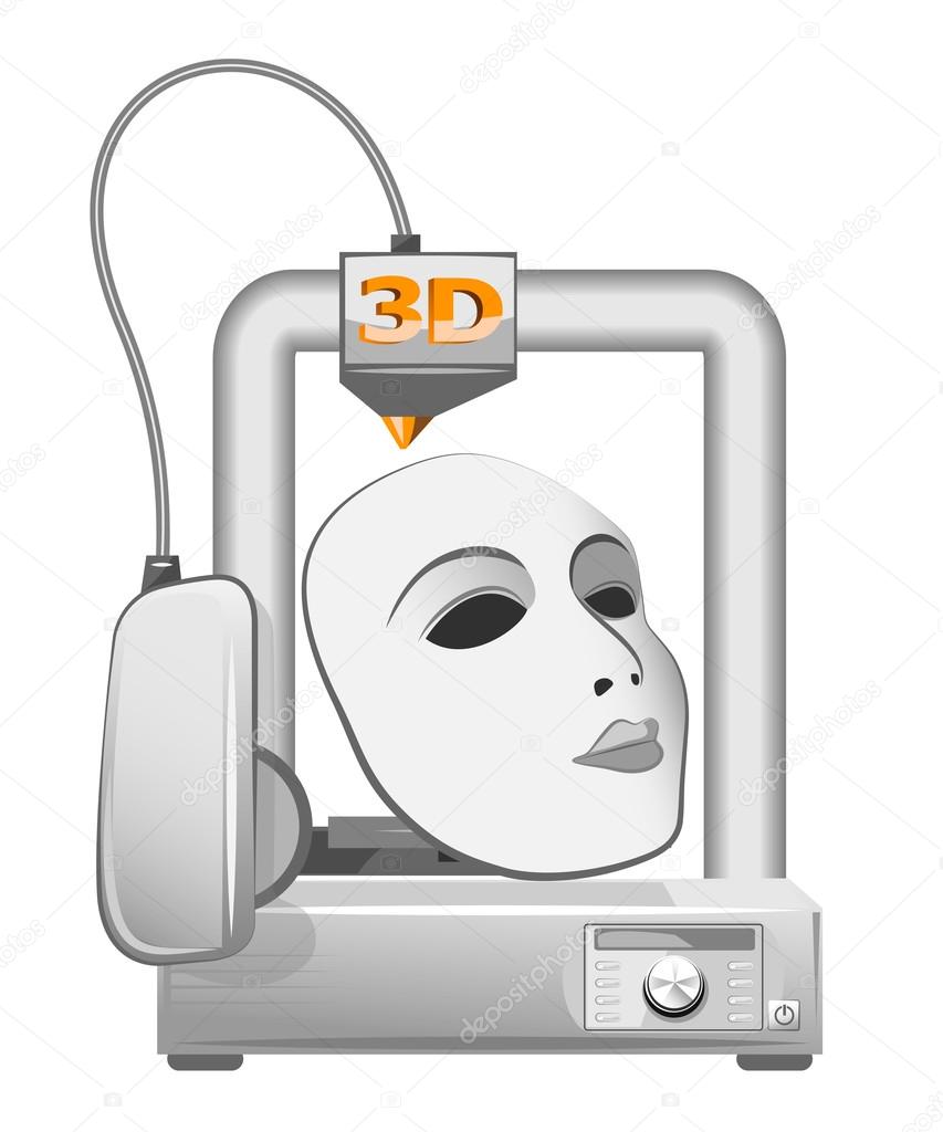 3d printer and white mask. Vector illustration
