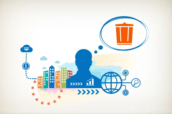Recycle vuilnisbak en persoon met bubbels — Stockvector