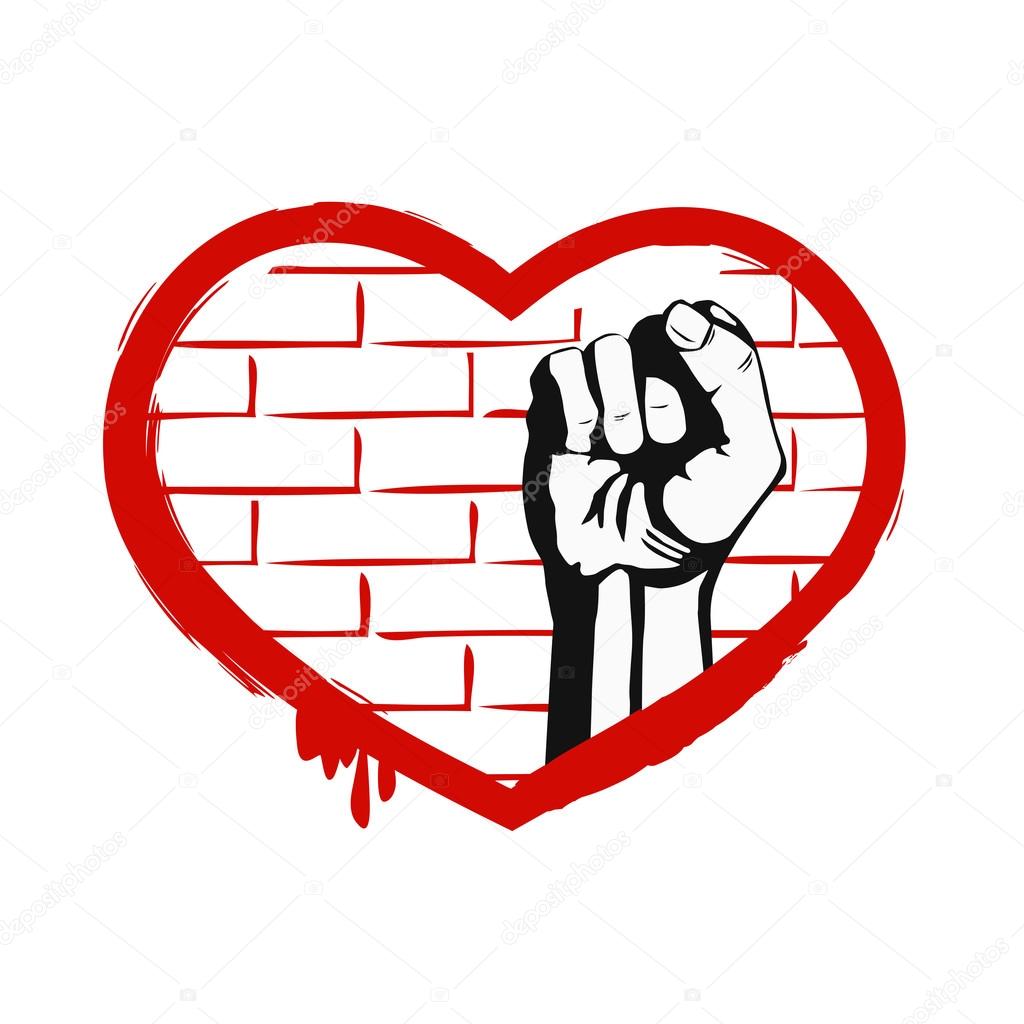 Red heart and fist on brick wall. 