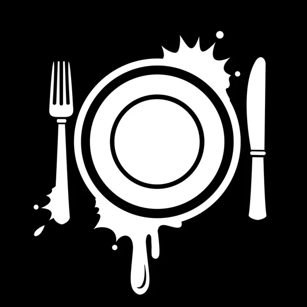 皿、フォーク、ナイフ。黒の背景 — ストックベクタ