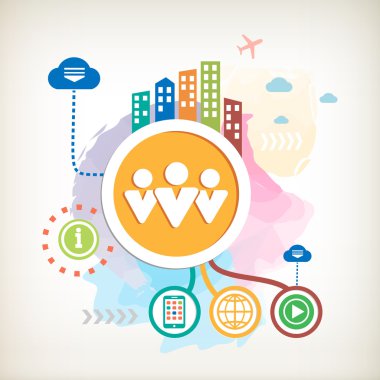 İnsanlar şehir suluboya arka plan üzerinde takım