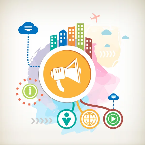 Hoparlör ve şehir soyut renkli sulu boya backgr işareti