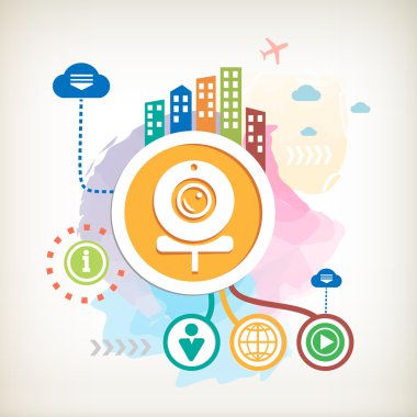 Örümcek ağı fotoğraf makinesi ve soyut renkli sulu boya arka plan üzerinde şehir 