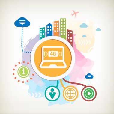 4g işareti simgesi ve soyut renkli sulu boya arka plan üzerinde şehir