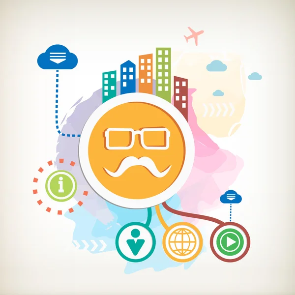 Bigote y gafas signo icono y ciudad en wat colorido abstracto — Archivo Imágenes Vectoriales