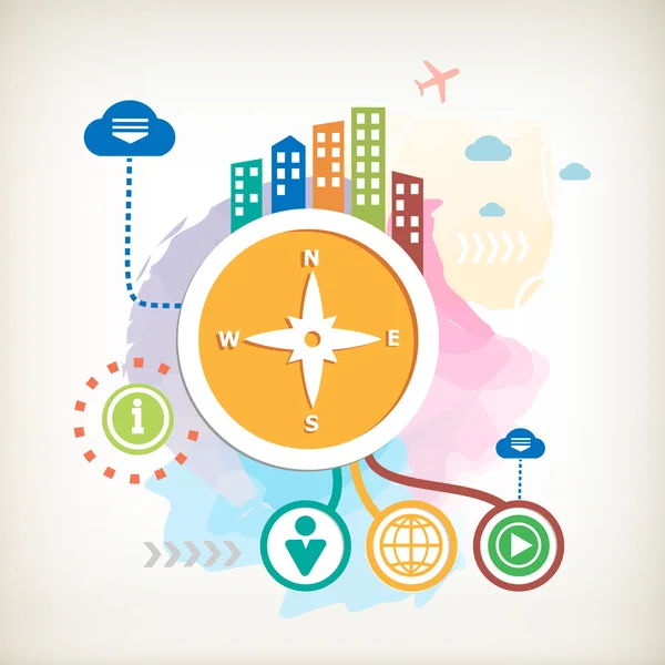 Compass and city on abstract colorful watercolor background Stock Illustration