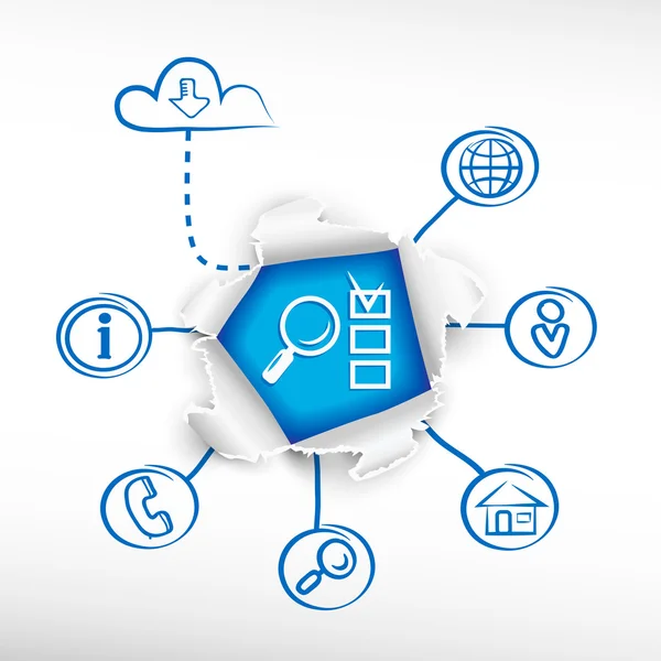 Förstorande glas, checklista och skiss diagram. — Stock vektor