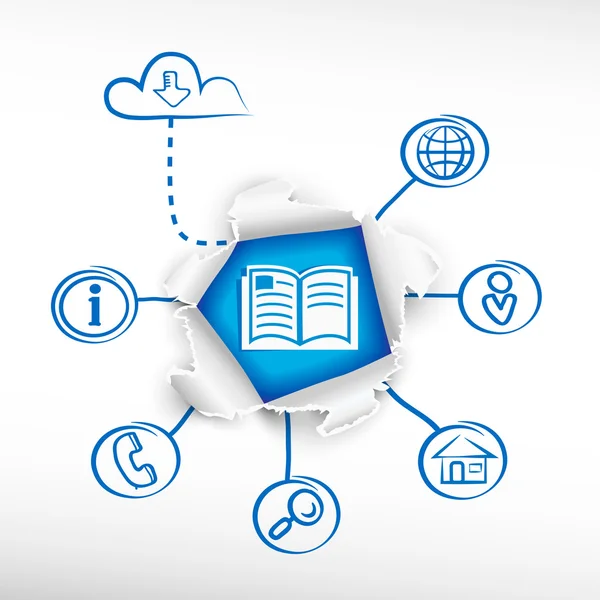 Ícone de sinal de livro e diagramas de esboço . — Vetor de Stock