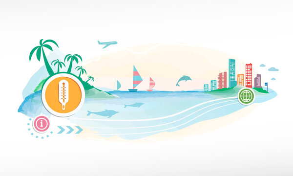 Thermometer indicates on travel background.